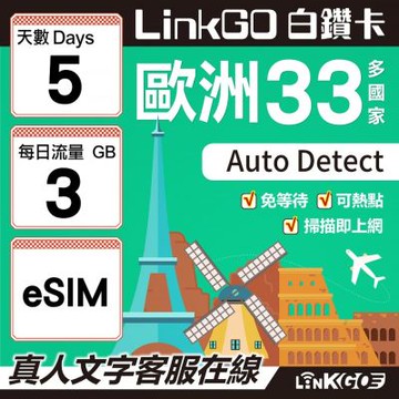 LINKGO白鑽卡 歐洲33國 eSIM卡 5天上網卡 每日3GB(歐洲網卡 西班牙 德國 奧地利 英國)
