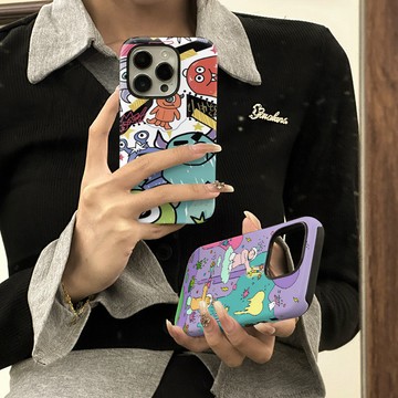 卡通塗鴉適用蘋果16promax手機殼iphone15菲林二閤一14殼12女硬13