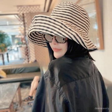 臺灣有貨⚡【防曬大簷】日係可折疊夏季條紋漁夫帽女新款長防曬帽子時尚盆帽大頭圍太陽帽 NVGW