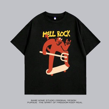 BABE HOME美式復古重磅純棉短袖t恤半袖寬松HELL ROCK惡搞潮牌