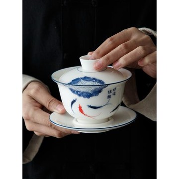 羊脂玉白瓷青花手繪可懸停三才蓋碗茶杯單個大容量陶瓷茶碗三件套