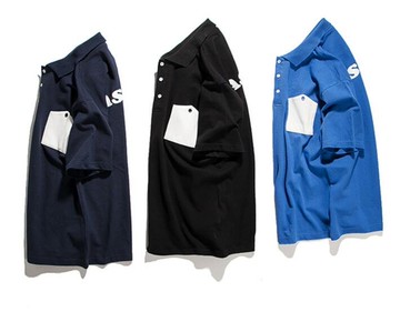 FINDSENSE品牌 時尚潮流 男 寬鬆 休閒 撞色口袋 英文印花 短袖T恤 翻領T恤