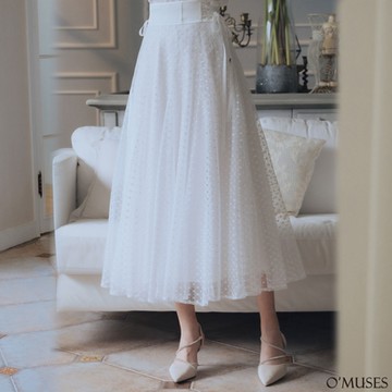 OMUSES 格紋蕾絲刺繡白色長裙