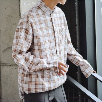 FINDSENSE H1 2018 外套 長袖 休閑 學生 上衣 男士 寬松 格子 襯衫 韓國 男裝 襯衣