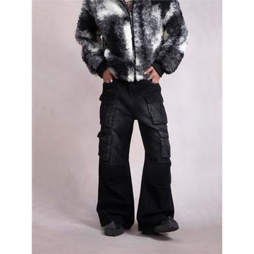 PLAN1ONE小眾復古水洗多口袋設計感直筒牛仔褲男寬松做舊休閑長褲