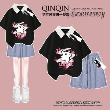 【臺灣-出貨】洋氣卡通線條小狗印花女童夏季新款Polo衫t恤短袖短褲套裝中大童DKP25
