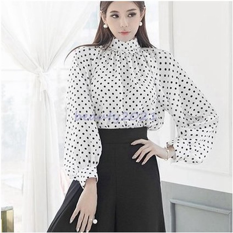 ボウタイブラウス シフォンシャツ ボウタイ バックチュール ボリューム袖 長袖 春服 レディース 30代 40代 ドット柄 水玉 白 黒 ハイネック 通販 Lineポイント最大get Lineショッピング