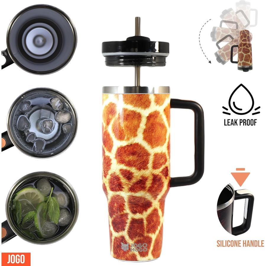 Simply Modern 40 oz Tumbler with Simple Handle and Straw Giraffe   Rambler Insulated Cup   Iced Coffee Stainless Steel Travel Mug   40oz Animal Pri