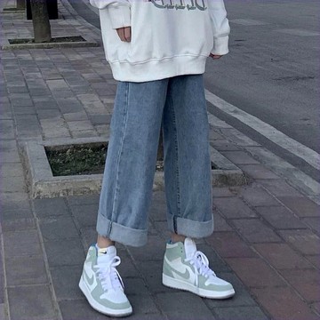 小個子直筒寬松高腰顯瘦牛仔褲女年春秋新款學生百搭闊腿褲子