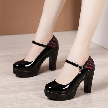 中老年旗袍模特訓練鞋女高跟粗跟厚底防水臺漆皮圓頭大碼走秀單鞋