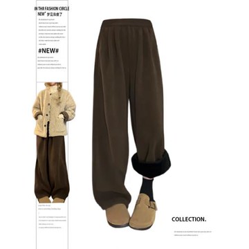 大碼韓版復古咖色加絨休閑褲女2025秋冬加厚高腰顯瘦闊腿長褲子