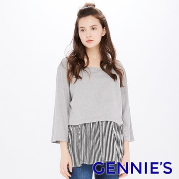 Gennies奇妮 針織條紋拼接哺乳上衣(灰T3G15)