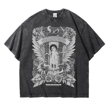 Rammstein德國戰車搖滾金屬周邊復古水洗做舊oversize落肩寬松T恤