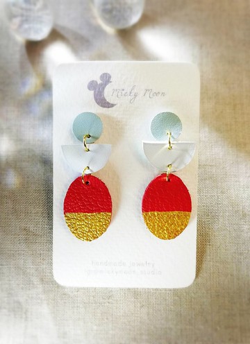 手工真皮耳環幾何形狀紅白色藍色