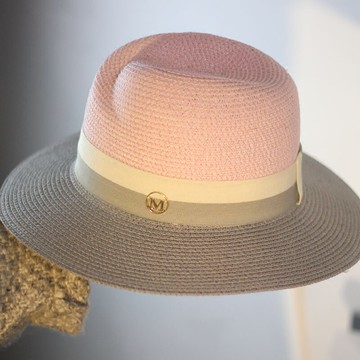 金色M寬檐爵士禮帽草帽粉色灰色拼色防曬遮陽帽子女夏天韓版1入