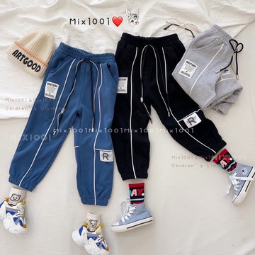 🌈✨mix1001街頭造型白車線標籤縮口棉褲✨兒童帥氣感滿分棉褲 7-19