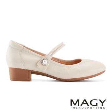 MAGY 魔鬼氈真皮一字帶低跟瑪莉珍鞋 米色 #15239