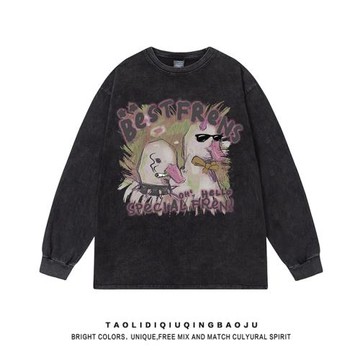 潮牌嘻哈趣味鴨子圓領長袖T恤女復古水洗做舊寬松情侶重磅體恤tee