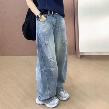 【🍇精選】S-5XL 大碼顯瘦闊腿彎刀牛仔褲女 破洞牛仔褲 大碼牛仔褲 彎刀褲 胖mm寬鬆直筒褲 梨形身材 顯瘦牛仔褲
