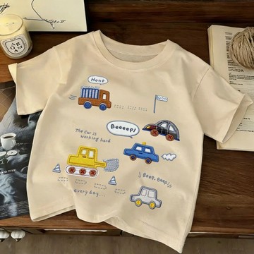 男童純棉短袖中小童夏季新品兒童仿刺繡印花汽車圖案T恤可愛上衣 兒童短袖 男童短袖T恤 韓版打底衫 兒童夏裝 短袖上衣