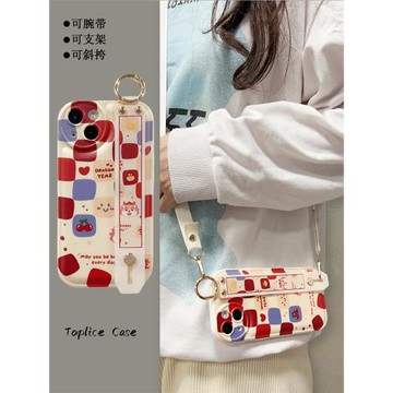 愛心櫻桃格子卡通小龍適用三星S21手機殼S22新款S23腕帶S20+背帶斜挎繩S23ULTRA支架note8/9/10/20硅膠FE軟殼