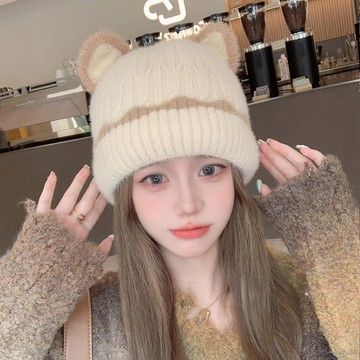 特價💖可愛貓耳朵帽子女 毛綫帽冬季新款保暖針織帽 顯臉小加絨護耳小熊帽 套頭帽 防風頭巾 月子帽 化療帽 堆堆帽 包頭帽