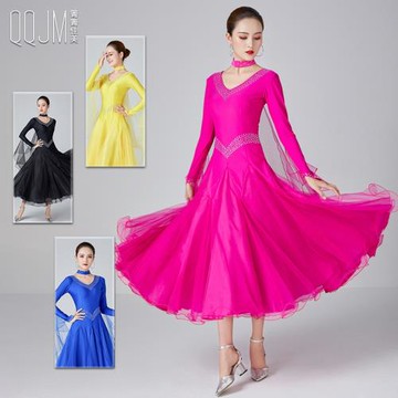 箐箐佳美春季新品摩登舞修身V領飄紗長袖連衣裙鑲鉆套脖大擺舞裙