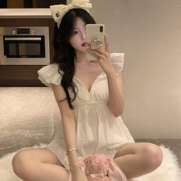 帶胸墊睡衣女夏天純棉吊帶短褲兩件套純欲風性感荷葉邊v領家居服