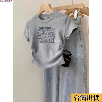 🌟新店優惠🌟2025夏季新款灰色美式短袖複古短袖T恤女設計感褶皺收腰短款上衣