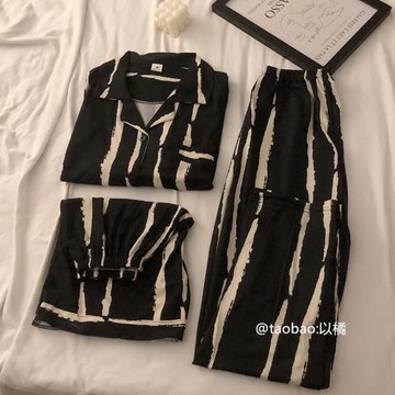 高級感睡衣女夏季短袖條紋三件套可外穿純棉2023年新款春秋家居服