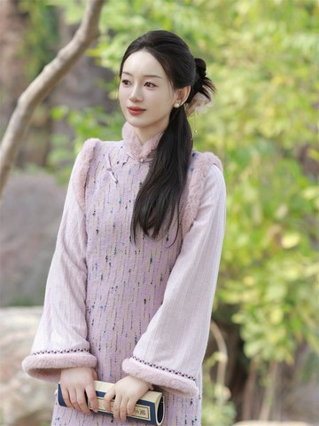 紫色 羊毛毛邊假兩件倒大袖少女旗袍 新中式春節過年改良洋裝