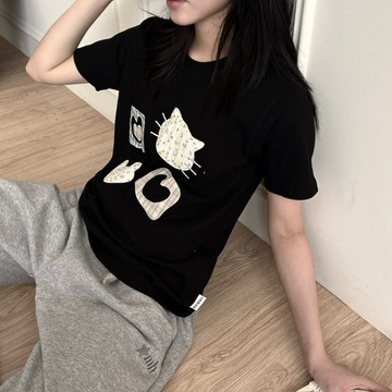 【FJstore】韓國 AMBLER 喵熊 貼花刺繡 短T 短踢 圓領 短袖上衣 女生短袖 女上衣
