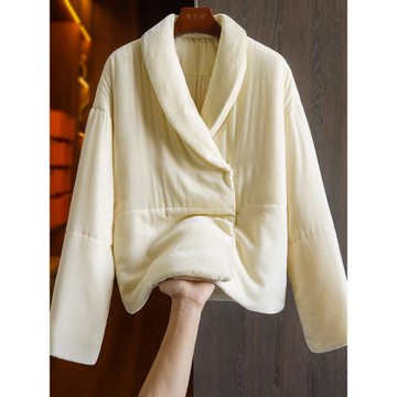 (免運)杏色真絲棉衣棉服女秋冬小個子長袖V領金絲絨小棉襖國風夾棉外套