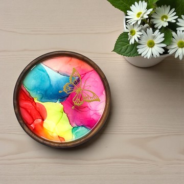 酒精墨水藝術優質胡桃木杯墊 - 蝴蝶 (E)