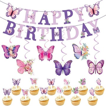 ✅店家嚴選 ⑦天鑒賞✅2026新款蝴蝶派對主題裝飾Happy Birthday生日拉旗蝴蝶女孩裝飾