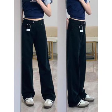 黑色加絨牛仔褲女2025年秋冬小個子直筒褲梨形高腰顯瘦窄版闊腿褲