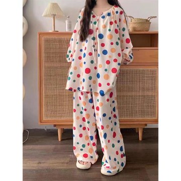 波點睡衣女春秋季2025新款韓版寬松純棉九分袖長褲家居服套裝夏天