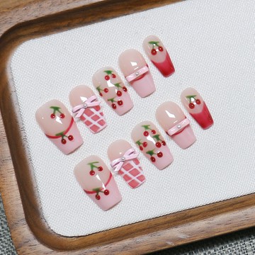 🎀Hannah🎀新款春日櫻桃純手工穿戴甲短款假指甲可拆卸高級感法式格紋蝴蝶結IOL29