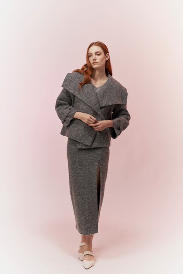 灰毛料開衩鉛筆裙