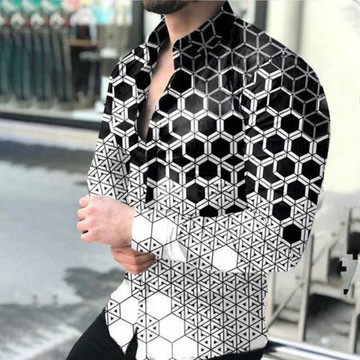 2022歐美秋男士長袖大碼上衣漸變黑色幾何圖印花襯衣Men's Shirts