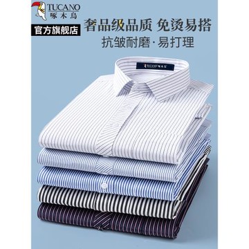 啄木鳥襯衫男士長袖2024春秋季免燙抗皺條紋爸爸工裝商務短袖襯衣