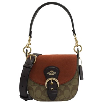 COACH C5691 KLEO 老花絨面拼色肩斜兩用馬鞍包.咖/小