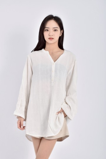 (XL) hangten質感棉質亞麻白色長袖上衣