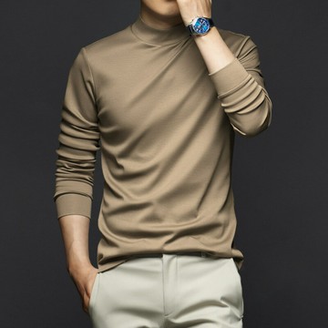 輕奢液氨絲光棉長袖T恤 男裝 2025 春秋純色 百搭高端 抗靜電 半高領 上衣