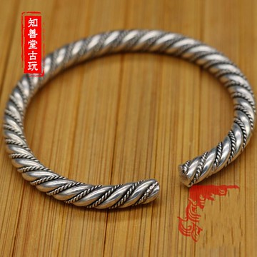 仿古做舊款 苗銀藏銀銅鍍銀卷絲掐絲麻花手鐲 情侶款飾品