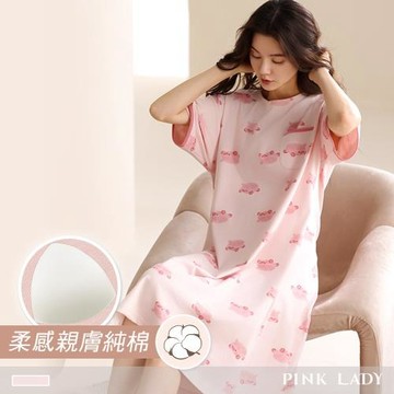 【PINK LADY】罩杯式 純棉連身睡裙 小豬飛車 短袖睡衣 居家服(女睡衣/圓領/連衣裙/春夏睡衣) 55112