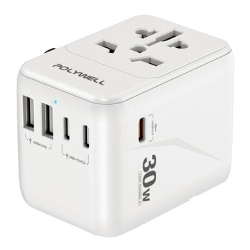 POLYWELL 寶利威爾 多國旅行充電轉接器 30W Type-C 3個 + USB-A 2個 無台灣/北美插頭 PW15-T05-A121  白色  1個