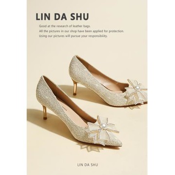 【林大叔】珍珠蝴蝶結金色高跟婚鞋女細跟氣質名媛宴會婚禮新娘鞋