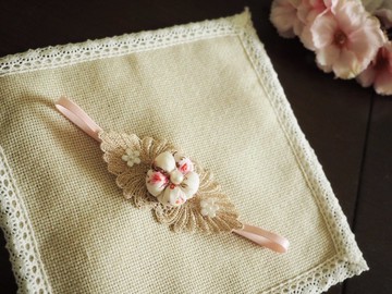 手作新年中式米白小布花嬰兒女童髮帶 適合百日宴彌月拍攝