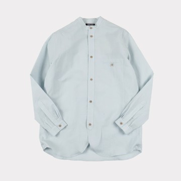 德國Frank Leder捷克罕見復古布料棉麻混紡復古玻璃按鈕立領長袖襯衫淺藍